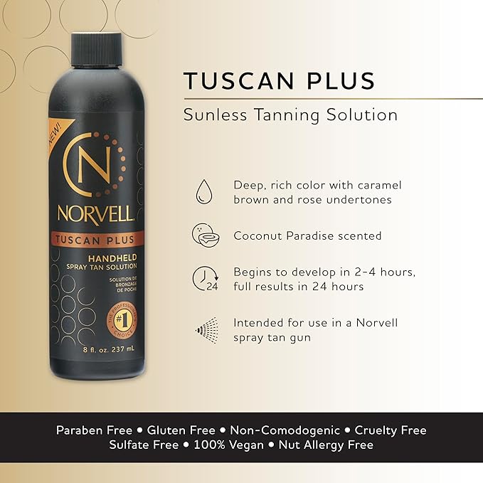 Norvell Tuscan Plus Sunless Tanning Solution, Caramel Brown and Rose Tan, 8 fl oz – Professional Spray Tan Solution for Spray Tan Machine – Unleash Confidence with Instant, Long-Lasting Natural Color