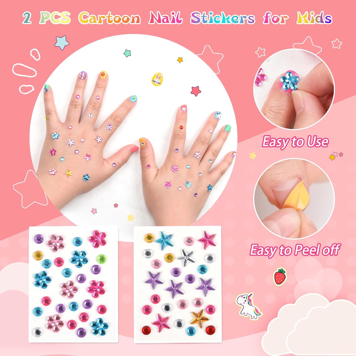 wakaniya Kids Nail Polish Set for Girls with Gems Nail Stickers, 7 Colors Non Toxic Safe Nail Polish Peel-Off Low Odor