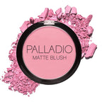 Palladio Matte Blush, Brushes onto Cheeks Smoothly, Soft Matte Look and Even Finish, Flawless Velvety Coverage, Effortless Blending Makeup, Flatters the Face, Convenient Compact, Berry Pink