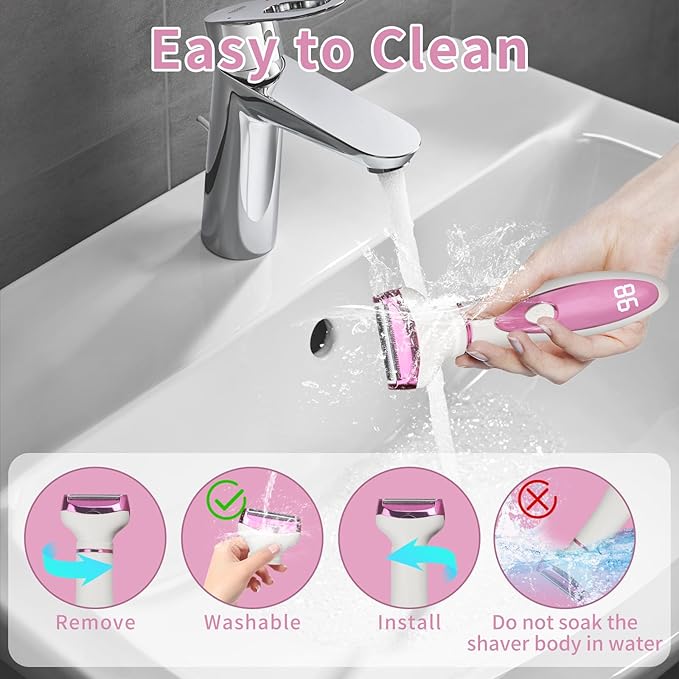 Electric Razor for Women Men,4 in 1 Painless Ladies Wet & Dry Body Razors and Facial Hair Remover,Rechargeable Led Display Hair Removal Kit for Nose Face Body Leg Bikini Arm Hair (Pink)