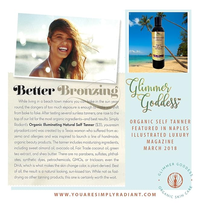 Glimmer Goddess Organic Self Tanner - Natural Tanning Lotion - Vegan, Cruelty-Free, Paraben-Free - Streak-Free, Hydrating, Long-Lasting Tan, All-Natural Ingredients, 8 oz