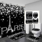 4PCS Eiffel Tower Shower Curtain Set, Luxury Jewelry Rhinestone Bling Diamond Paris Bathroom Decor, Waterproof Fabric Black Shower Curtain, Non-slip Bath Mat Toilet Lid Cover Bathroom Rugs