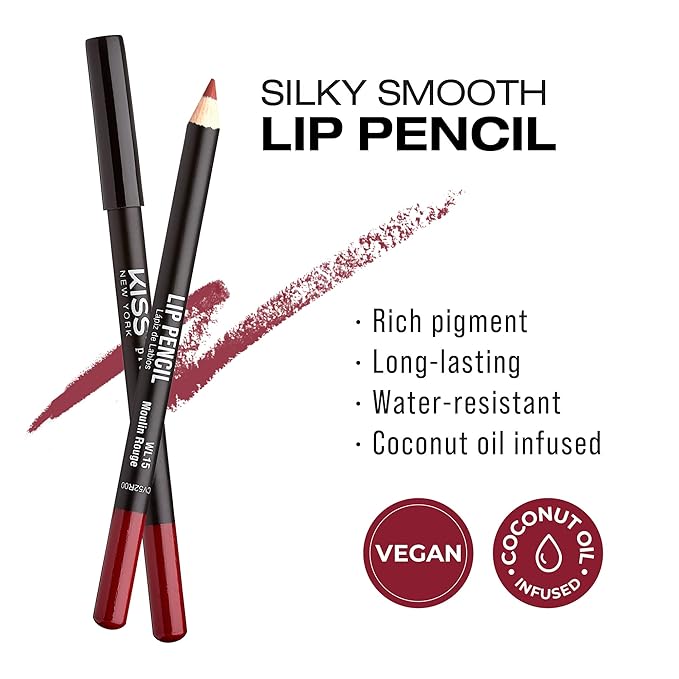 KISS New York Professional Slim Lip Pencil, Creamy Soft Lip Liner, Smooth Long-Lasting Rich Lip Color, Natural Lip Makeup, Water-Resistant Lip Crayon (Moulin Rouge)