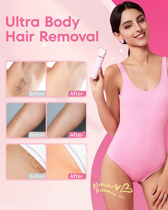 Electric Bikini Trimmer: 2 in1 Body Facial Hair Remover - Painless Pubic Hair Shaver (Pink)