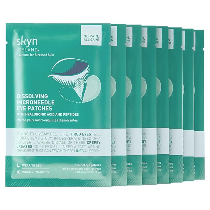 skyn ICELAND Dissolving Microneedle Under Eye Patches with 39% Hyaluronic Acid & Peptides No-Slip Eye Masks for Firming Wrinkles & Fine Lines, 8 Pairs