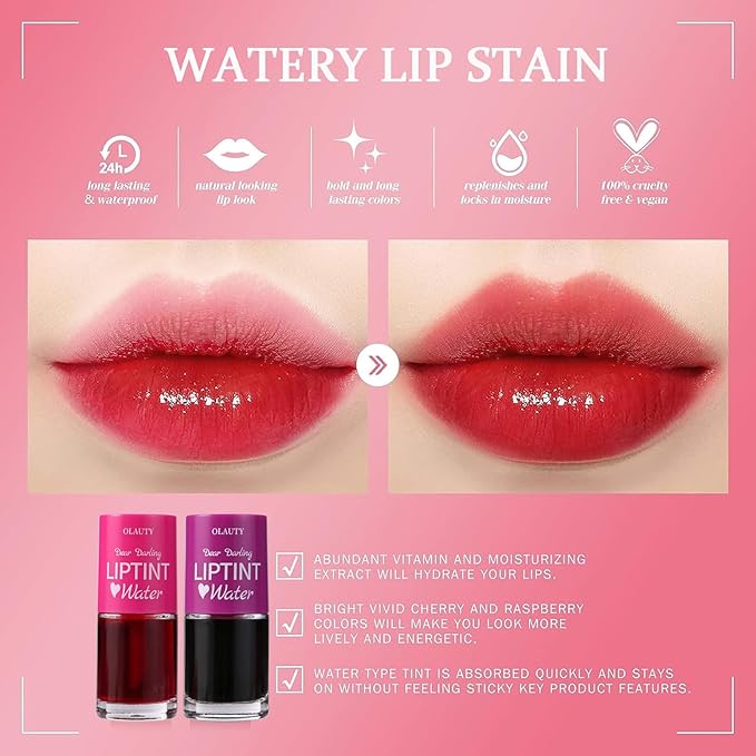 Lip Tint Stain Set, Korean Lip Tint Glossy Lip Stain Plumping Mini Liquid Lipstick, Multi-use Lip and Cheek Tint, Long-Wear Lip Stain Non-Stick Cup Smudge-proof & Lightweight Lip Tint (Strawberry)