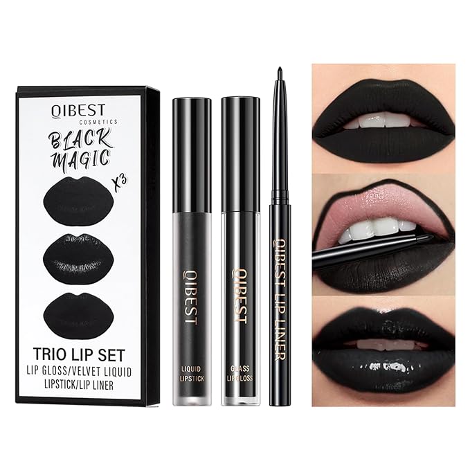 QiBest 3-in-1 Black Lipstick Set for Halloween & Goth Makeup, Matte Liquid Lipstick + Lip Gloss + Gel Lip Liner Pencil Lip Kit for 24 Hours Long Lasting & Waterproof Gothic Lip Makeup (Black Magic)