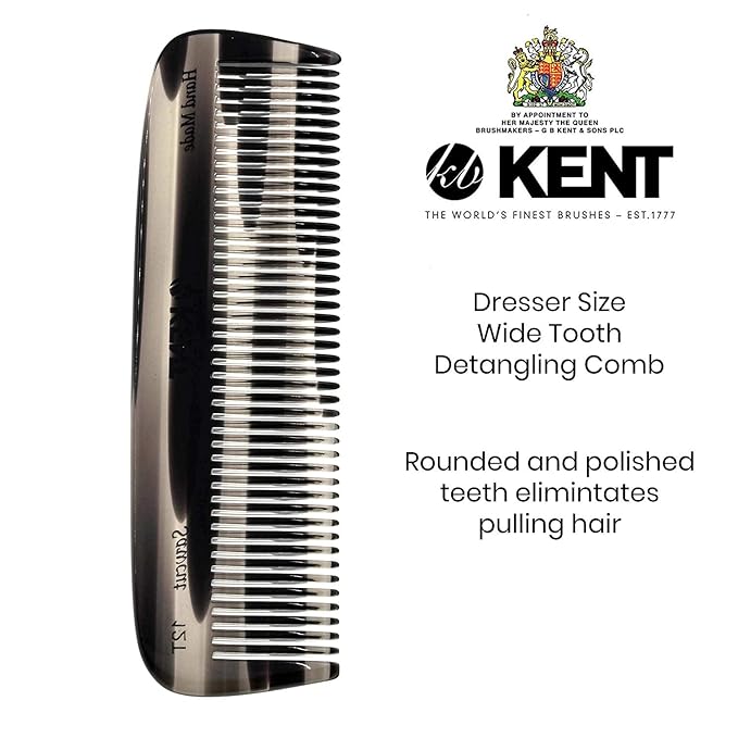 Kent 12T Wide Tooth Detangling Comb - Handmade Pocket Grooming Tool for Thick, Curly, Wavy Hair, Beards and Mustaches - SawCut and Hand Polished