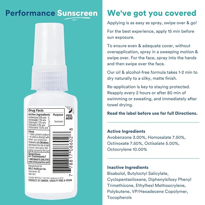 KINeSYS Fragrance Free Clear Spray Sunscreen for sensitive skin, SPF 50, Hypoallergenic, Broad Spectrum UVA/UVB protection Face & Body; PABA and Oxybenzone FREE, 170+ Sprays, 1 Fl Oz/30 ml (Pack of 2)