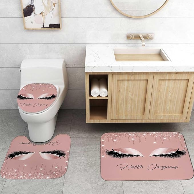 4PCS Hello Gorgeous Eyelash Shower Curtain Set, Gold Glitter Quotes Black Eyebrow Makeup Pink Marble Glam Modern Fashion Girly Women Bathroom Decor, Non-slip Bath Mat Toilet Rug, Charming Eyes