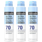 Neutrogena Ultra Sheer Body Mist Sunscreen Spray, Broad Spectrum SPF 70, Lightweight Spray Sunscreen, Non-Greasy & Water Resistant, Oil-Free & Non-Comedogenic UVA/UVB, 5 oz, Pack of 3