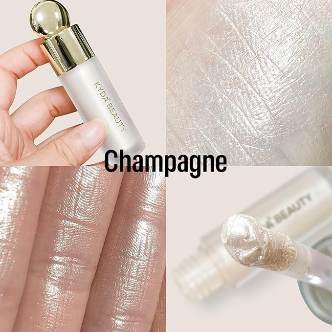 KYDA Liquid Highlighter, Natural Shimmer Tinted, Lasting Glossy Finish, Silky Creamy Lightweight Cover, Radiant Glow Face Enhancing Makeup, Body Liquid Illuminator-Champagne