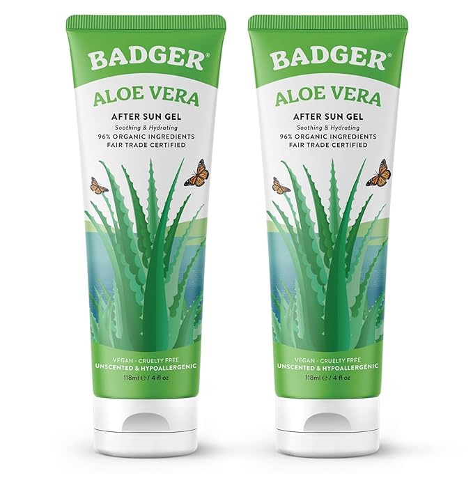 Badger Organic Aloe Vera Gel for Face & Body, 96% Pure Unscented Organic Aloe Gel for Cooling, Soothing, Non-Sticky Sunburn Relief, Vegan, Fair Trade & Hypoallergenic, 4 fl oz, 2-Pack