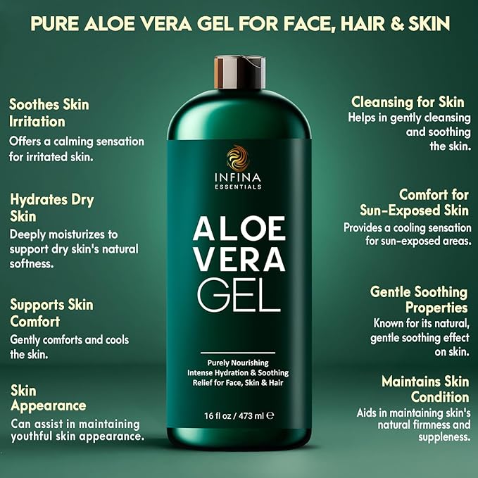 Pure Aloe Vera Gel for Face, Hair & Skin - Soothing Aloe Gel for Sunburn Relief - Made with Organic Aloe Vera Gel 95%, Chamomile & Vit E, for All Skin Types - 16 fl oz