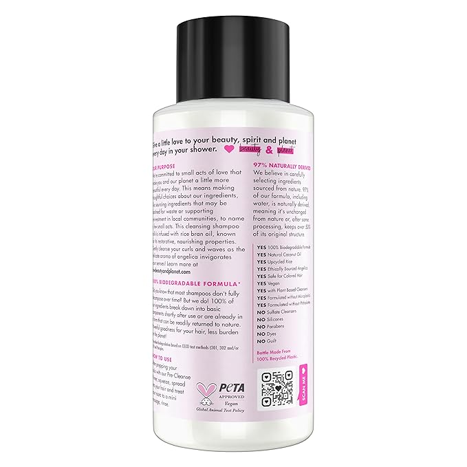 Love Beauty and Planet Shampoo Milk Moisture and Bounce for Waves and Curls Rice Oil and Angelica Essence 100 percent Biodegradable Shampoo 13.5 oz