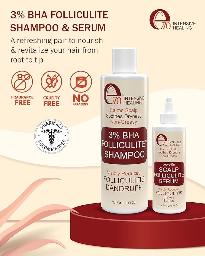 3% BHA Folliculitis Shampoo & Leave-On Hair Serum Set - Made with Salicylic Acid, Aloe Vera & Tea Tree Oil - Moisturizing Shampoo & Hair Oil for Dry Itchy Scalp and Head Acne by e70