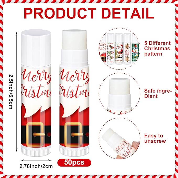 50 Pcs Pink Princess Lip Balm Bulk Pink Girl Lip Care Products Pink Girl Birthday Party Supplies Princess Party Gifts for Kids Women Bachelorette Party Bridal Baby Shower(Classic Christmas Styles)