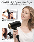 Hair Dryer, CONFU Blow Dryer with Diffuser, 21000PRM Professional Hairdryer, Portable Lightweight Fast Drying Negative Ionic Blow Dryer, Hair Diffuser for Curly Hair for Home Travel