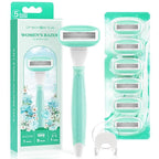 DreamGenius Razors for Women Include 1 Non-Slip Handles and 7 Blade Refills with a Shower Holder, 5 Premium Blades Women's Razors for Shaving with 360° Lubrication Reduces Irritation, Green