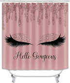 4PCS Rose Gold Glitter Hello Gorgeous Shower Curtain Set, Bling Unicorn Eyelash Makeup Glam Fashion Girly Teenage Girls Women Pink Bathroom Decor, Fabric Shower Curtain, Bath Mat Toilet Rug
