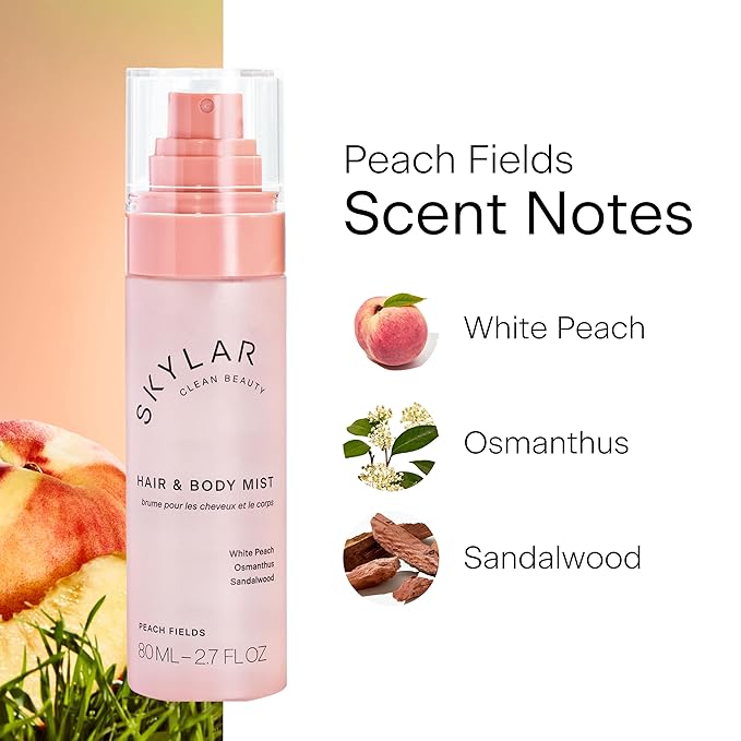 Skylar Peach Fields Hair & Body Mist | Hypoallergenic & Clean Fragrance | Vegan, Cruelty Free, and Safe For Sensitive Skin | 80 ML, 2.7 Fl Oz