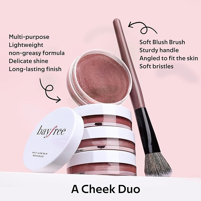Multi Cream Blush & Blush Brush Set, Korean Makeup Blush for Cheeks, Multi-Use Face Balm, Lightweight & Hydrating, Blendable Color, Non-Greasy, Soft Bristles for Radiant Finish (Rose Crystal)