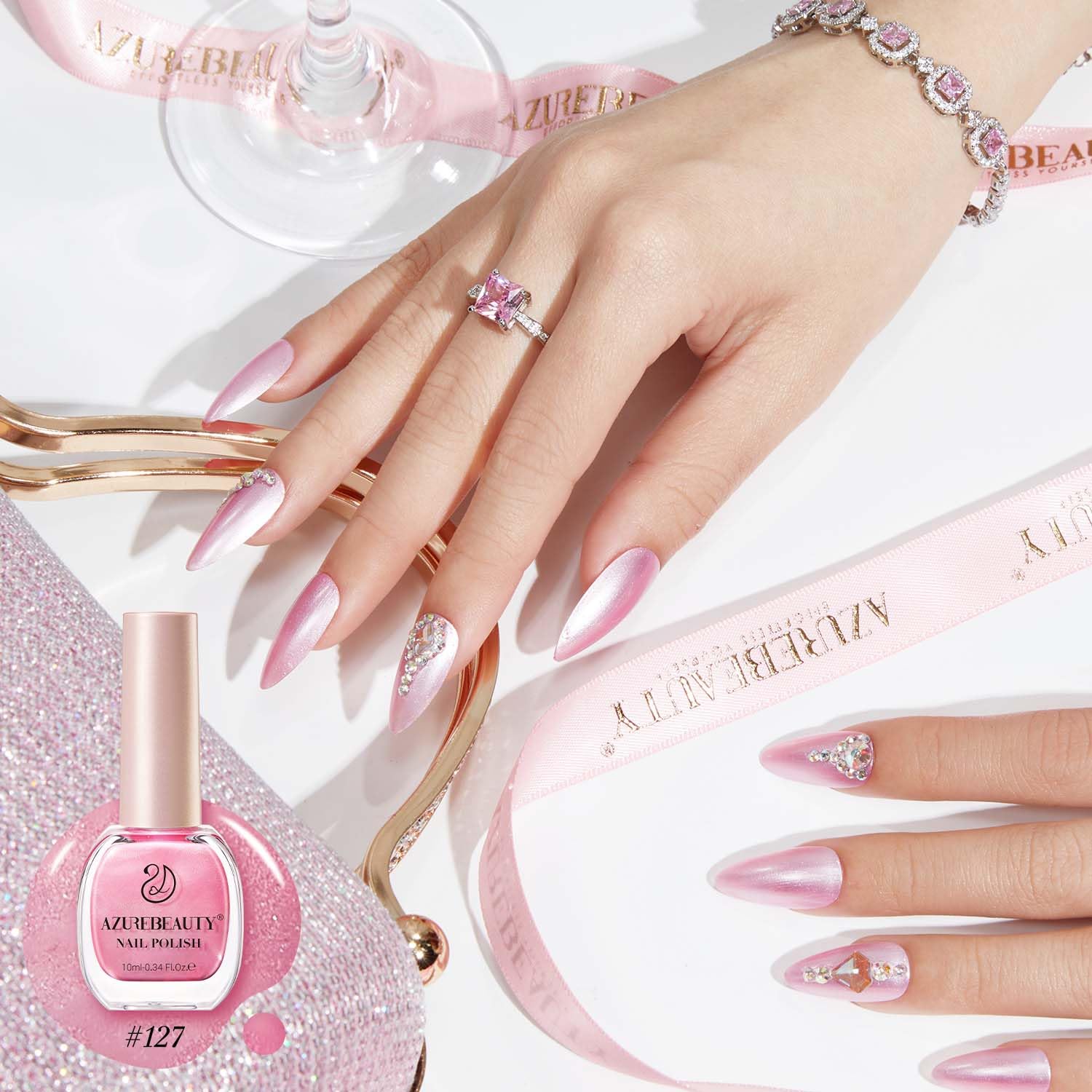 AZUREBEAUTY Nail Polish Shimmery Rose Pink Summer Nail Polish Quick Dry Natural Infinite Shine Nail Lacquer Fingernail Polish Strengthening Treatment Kit Salon-Quality for Women 10ml