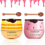 2PCS Bee Lip Balm,Hydrating Honey Pot Lip Balm with Stick,Non-Greasy Silky Sleeping Lip Mask Set,Long Lasting Lip Scrubs Moisturizer for Dry Cracked Lips（Honey ＋Strawberry）