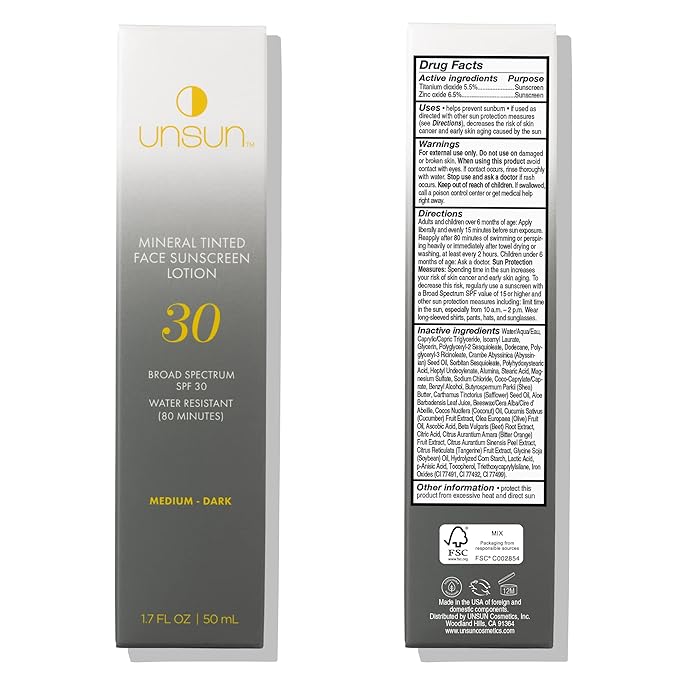 Unsun Mineral Tinted Face Sunscreen with Broad Spectrum SPF 30 - Water-Resistant Lotion, Primer & Color Corrector - 1.7 Fl Oz, Medium/Dark
