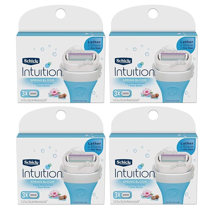 Schick Intuition - Lather & Shave In One Stop - Spring Bloom with Shea Butter, Fresh Floral Scent - Women's Razor Blade Refills - 3 Ct Pack of 4 = 12 Cartridges