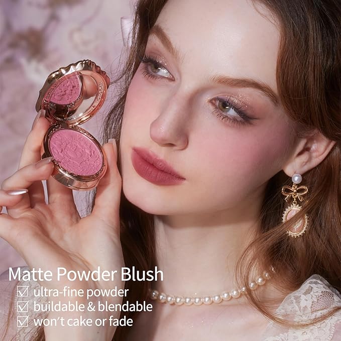 Flower Knows Strawberry Rococo Embossed Blush;Berry Matte Finish;Buildable & Blendable Powder Blush for cheeks,Highly Pigmented;Natural Flush for All Skin Tones(05 Berry Mary, 5g)