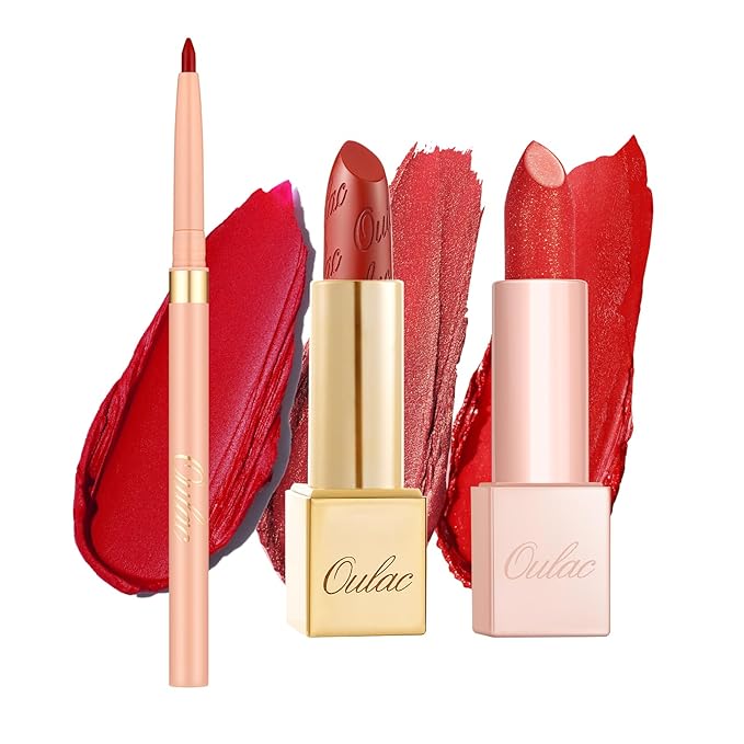 Oulac Lipstick & Lipliner Set 3PCS High Impact Lipcolor with Moisturizing Formula, Vegan Beauty, Full-Coverage Lip Color, Gift Lipstick for Women, LL08+02+PG02