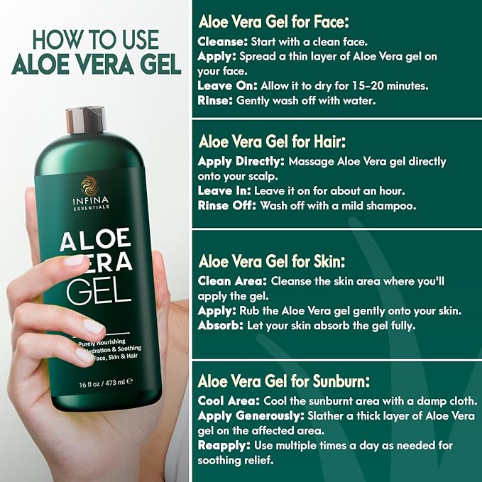 Pure Aloe Vera Gel for Face, Hair & Skin - Soothing Aloe Gel for Sunburn Relief - Made with Organic Aloe Vera Gel 95%, Chamomile & Vit E, for All Skin Types - 16 fl oz