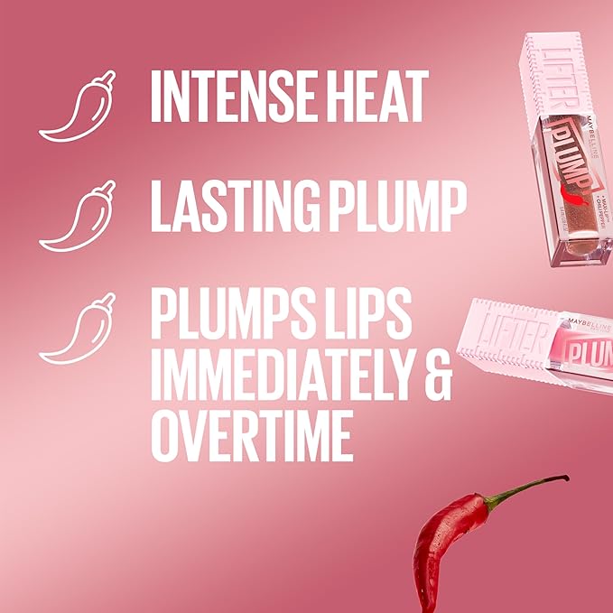 MAYBELLINE Lifter Gloss Lifter Plump, Plumping Lip Gloss with Chili Pepper and 5% Maxi-Lip, Hot Chili, Terracotta Red Cream, 1 Count