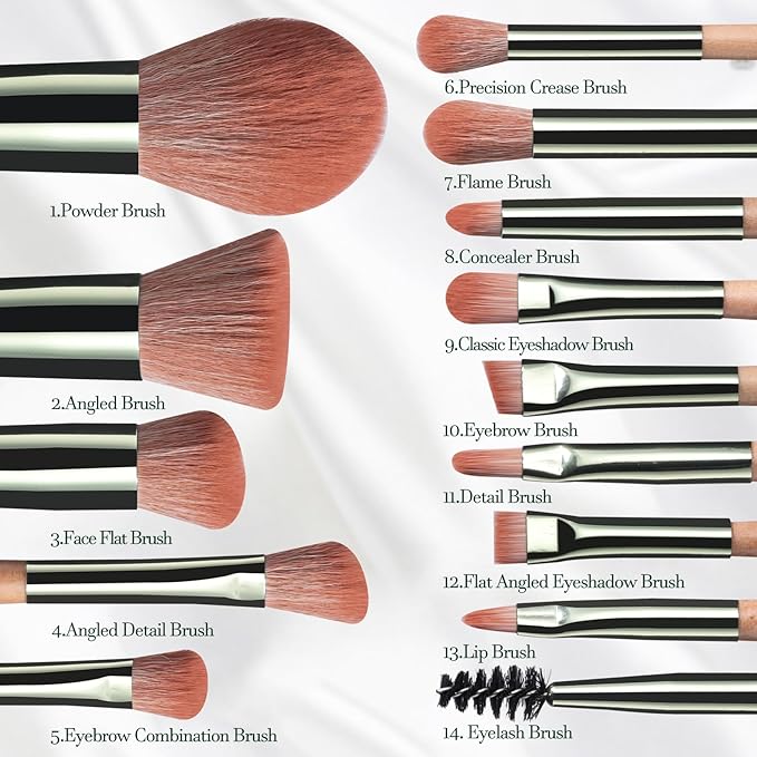 BS-MALL Travel Makeup Brush Set Foundation Powder Concealers Eye Shadows Makeup Set with LED light Mirror 14 Pcs (Green)