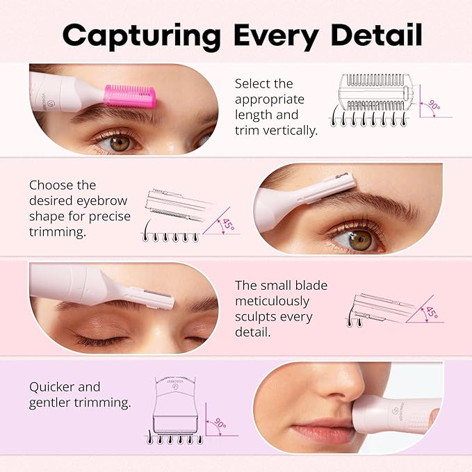 Women's Eyebrow Trimmer & Facial Hair Remover, 2 in 1, Double Rotating Blades, Safe, Painless, Hypoallergenic, Rechargeable, USB Charging