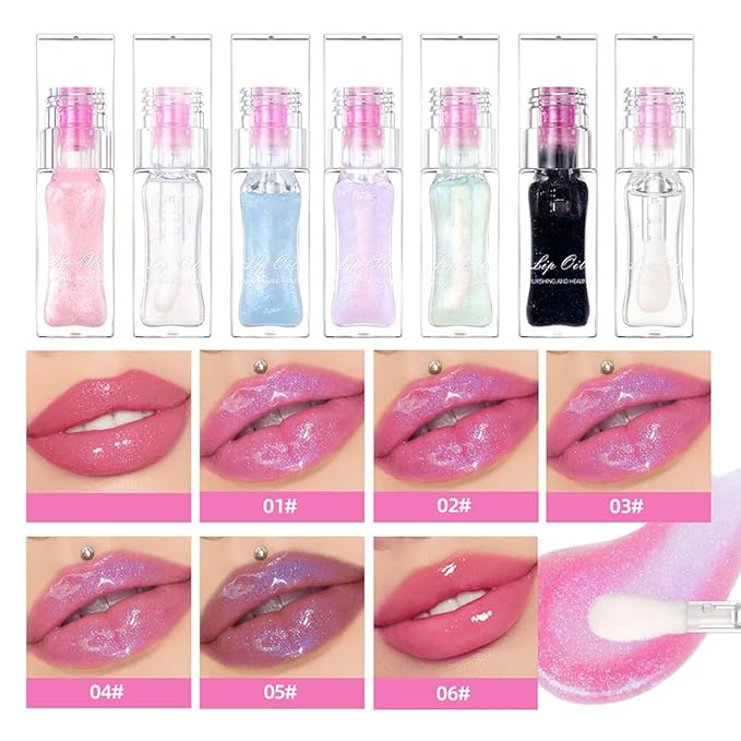 Magic Color Changing Lip Oil Ph, Glitter Lip Gloss, Upgraded Big Brush Head Moisturizing Lip Oil Long Lasting Nourishing Lip Glow Oil Non-Sticky Primer Lip Tint (# 01, 0.3 Oz)