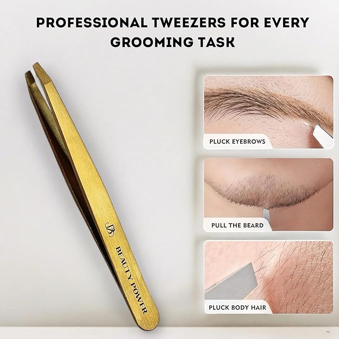 Professional Tweezers - Slant, Durable Lightweight German Stainless Steel, Ultra Precision Tweezers for Eyebrows, Facial Hair, Chin, and Ingrown Hair Removal - Gift (Matte Gold)