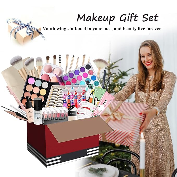 All-in-one Holiday Makeup Gift Set | Full Makeup Kit for Women Essential Starter Bundle Include Eyeshadow Palette Lipstick Blush Cream Concealer Face Powder Eyeliner Mascara Lipgloss Brush