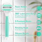 DreamGenius Razors for Women Include 2 Non-Slip Handles and 14 Blade Refills with a Shower Holder, 5 Premium Blades Women's Razors for Shaving with 360° Lubrication Reduces Irritation, Green