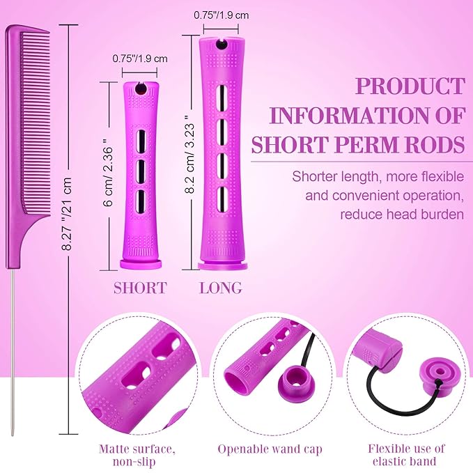 48 Pieces Hair Perm Rods Short Cold Wave Rods Plastic Perming Irons Hair Curling Rollers Curlers with Steel Pintail Comb Rat Tail Comb for Hairdressing Styling Supplies(0.75 Inch,Purple)