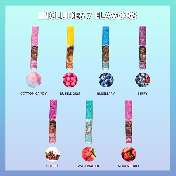 Disney Moana 7 Piece Plant Based Lip Gloss, Girls Party Favors, First Makeup Set for Girl, Perfect for Parties, Sleepovers, and Birthday Gifts, Ages 3+, by Townley Girl
