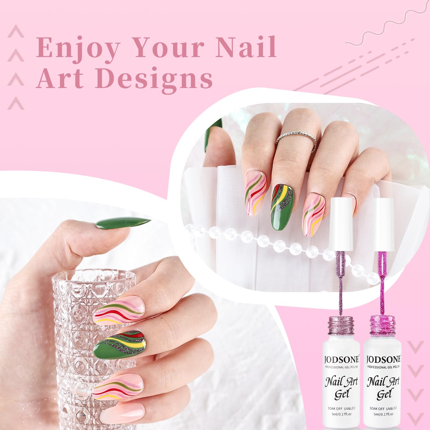 JODSONE Nail Art Gel Liner Set 10 Colors Glitter Purple Gold Green Gel Nail polish Need U V Lamp Cured with Thin Brush at Home Salon Design