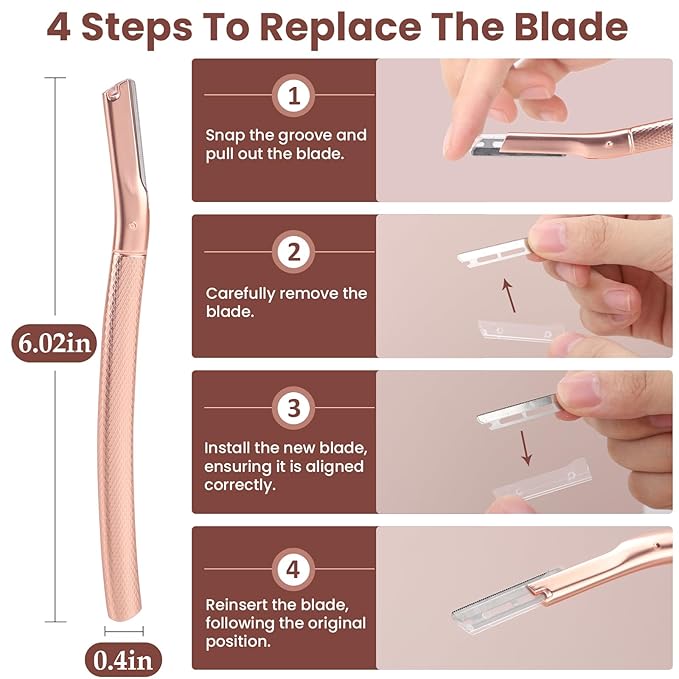 Face Razor for Women, Dermaplane Razor for Women Face Metal for Arm Armpit Leg Peach fuzz (A1-Rose Gold (12 replaced blades))