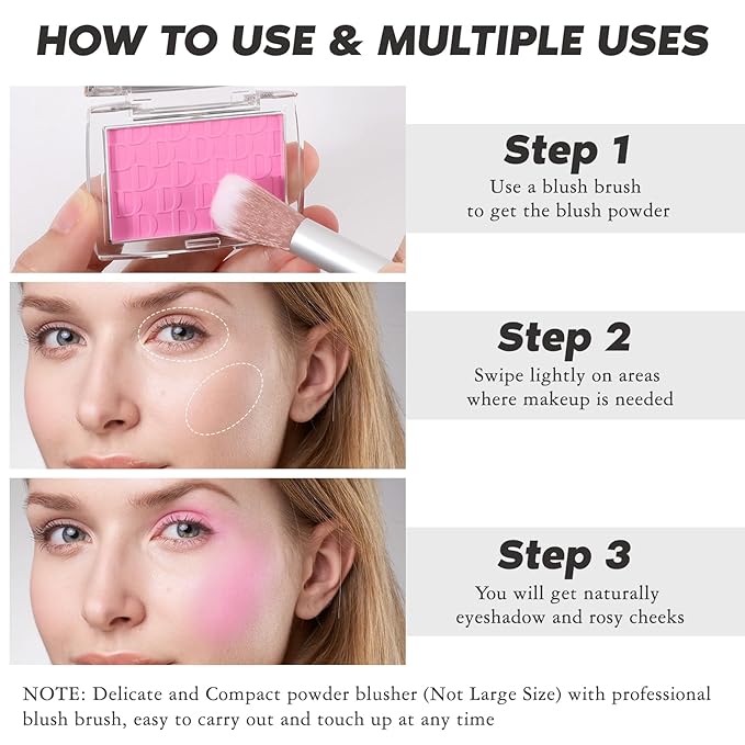 Pink Blush Powder Blush for Cheeks with Brush, Matte Blush Palette Blush Powder Face Blusher, Natural Blendable Formula Silky Lightweight Makeup Blush Rubores de Maquillaje, 001#