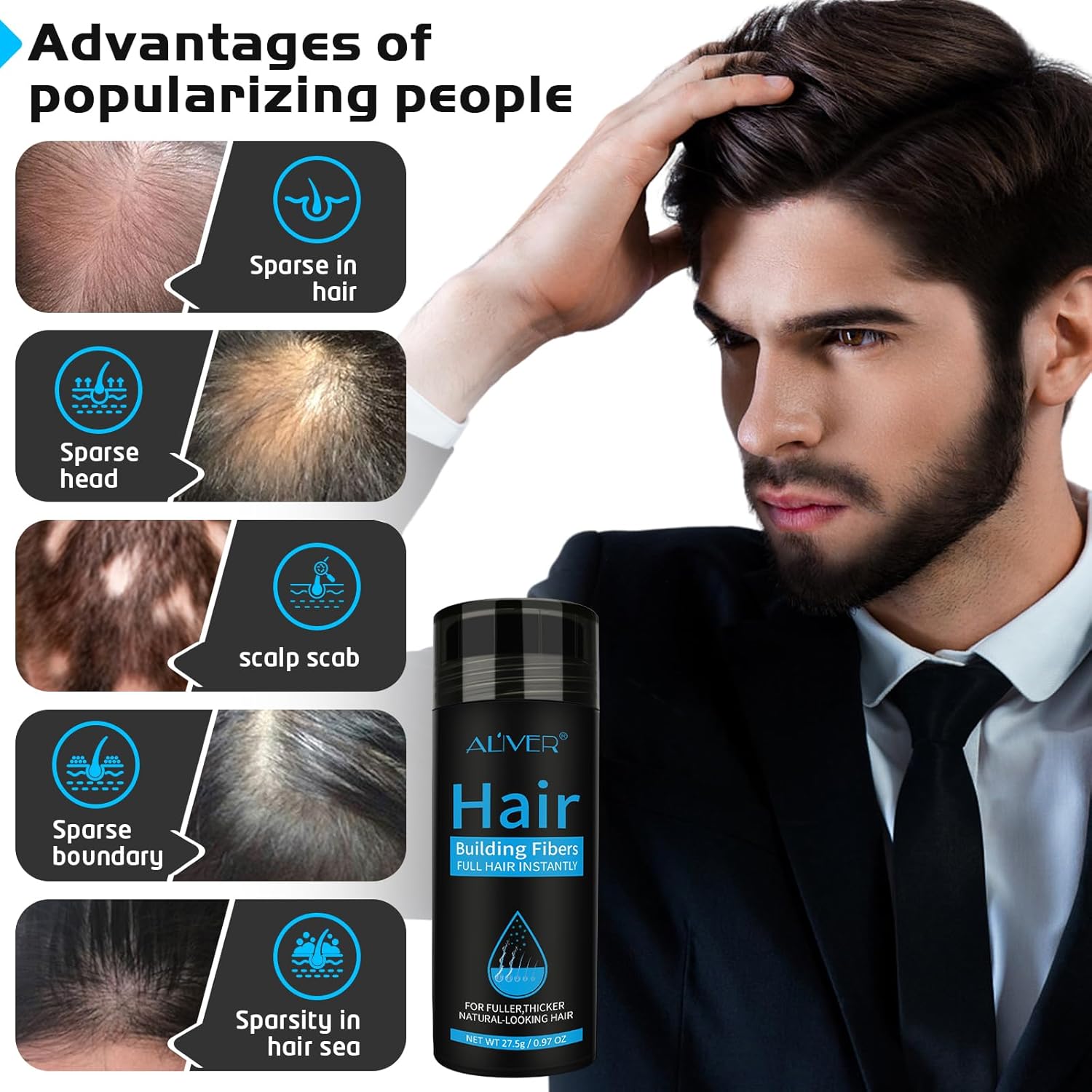 Aliver Hair Fibers for Thinning Hair - Black - 27.5Gr,Undetectable Natural Formula, Thicker Fuller Hair in 15 Seconds, Conceals Hair Loss, Look Younger, for Men & Women Patchy Bald Spot,Crown