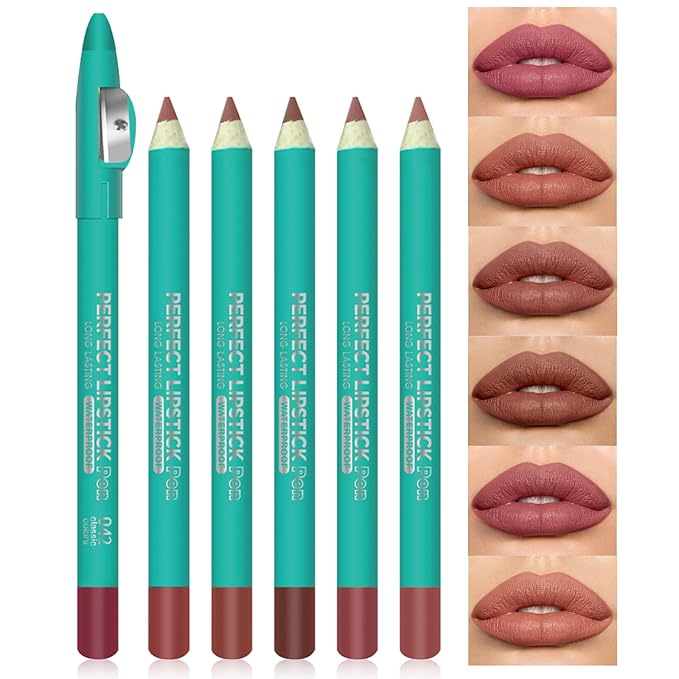 Erinde 6PCS Lip Liner Pencil, Nude Lip Liner Set with Lip Liner Sharpener, Matte Dark Brown Pink Red Mauve Series Lip Liner Pack, Waterproof Long Lasting Liner Crayon Lipstick for Women Daily Makeup
