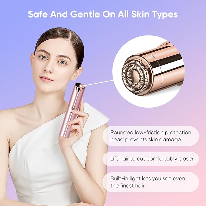 Facial Hair Removal for Women- as Seen on TV Painless Face Shaver -Painless Womens Facial Hair Remover with 2 Replacement Heads, Lipstick-Sized, USB Rechargeable（Rose Gold）