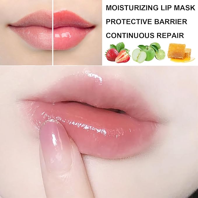 3Pcs Lip Balm Honey Pot with Stick, Honey Strawberry Apple Moisturizing and Hydrating Sleeping Lip Mask, Day and Night Repair and Care, Improve Lip Color, Reduce Lip Lines (SET A)