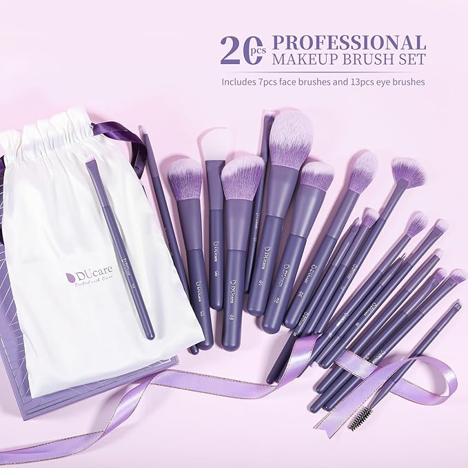 DUcare Makeup Brushes Set Professional 20pcs Vegan Make Up Brushes, Foundation Eyeshadow Concealer Contour Powder Blush Blending Eyeliner Brush with Silicone Face Mask Brush Purple